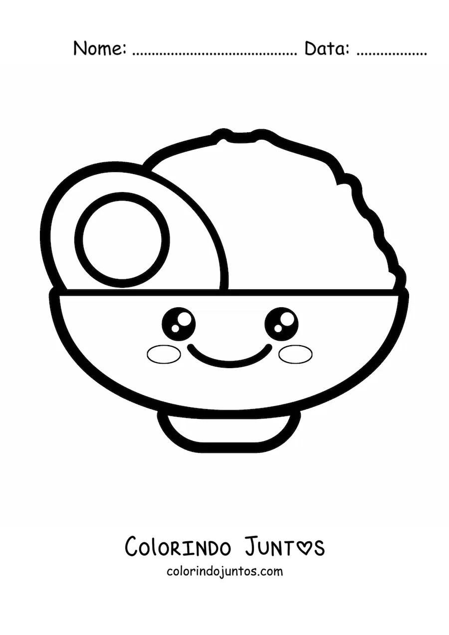 Desenho para colorir de prato de arroz com ovo kawaii fofo fácil