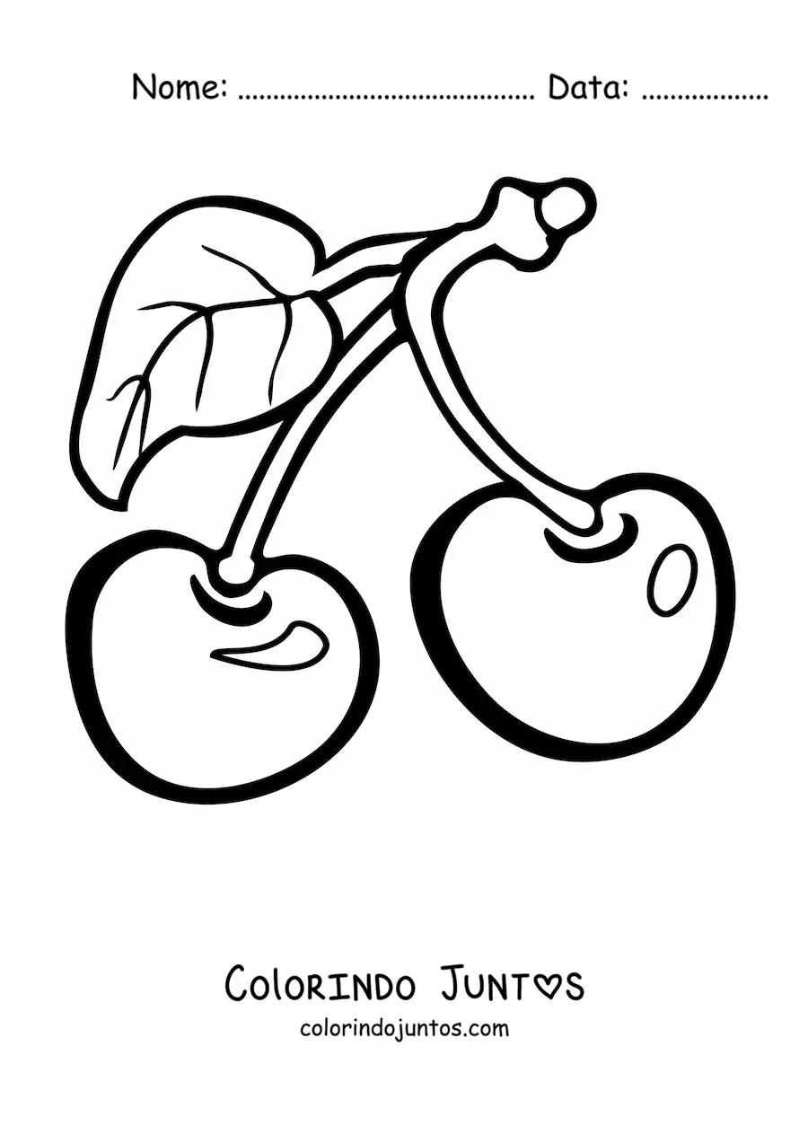 Desenho para colorir de duas cerejas com uma folha