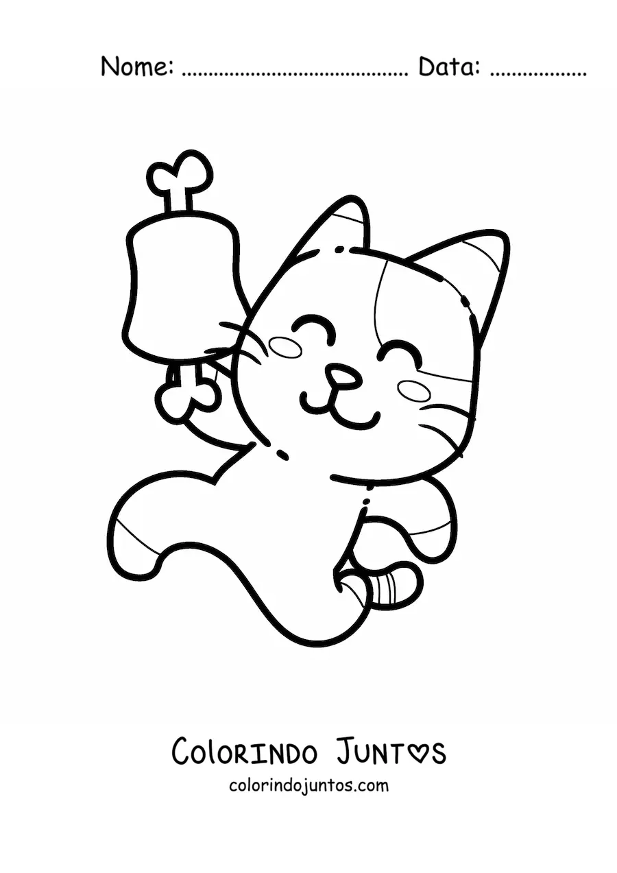 Desenho para colorir de gato animado com uma costela