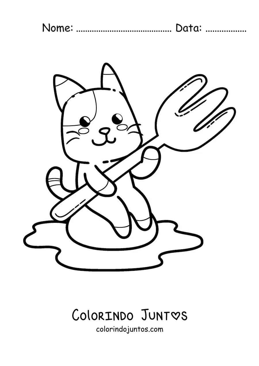 Desenho para colorir de gato animado com um garfo e um ovo frito