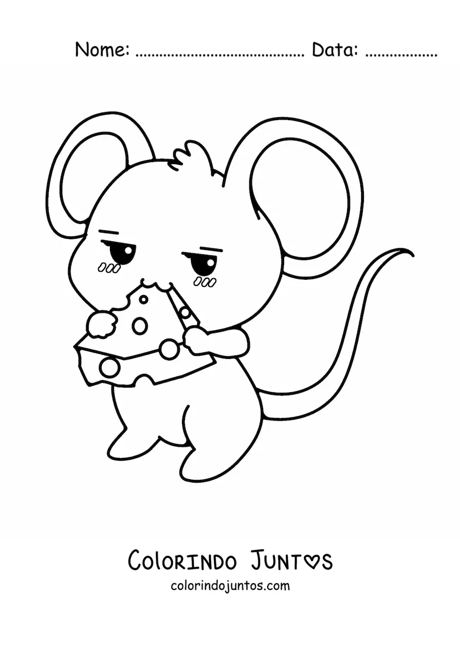 Desenho para colorir de ratinho kawaii fofo animado comendo queijo