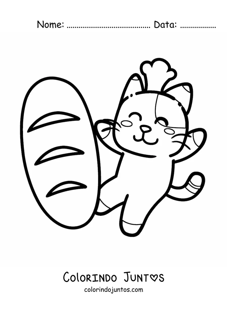 Desenho para colorir de gato kawaii fofo animado com pão de trigo