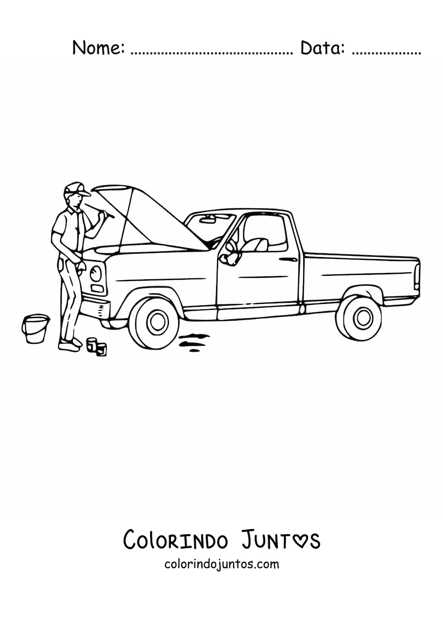 Desenho para colorir de um mecânico consertando uma picape com o capô aberto