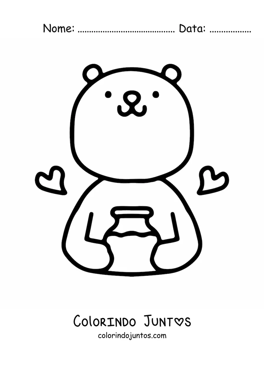 Desenho para colorir de ursinho fofo com pote de mel