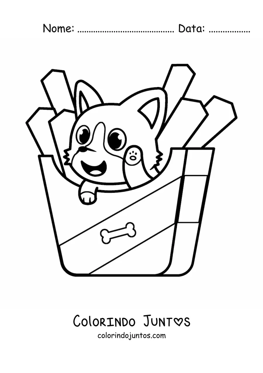 Desenho para colorir de cachorro kawaii fofo animado com batatas fritas