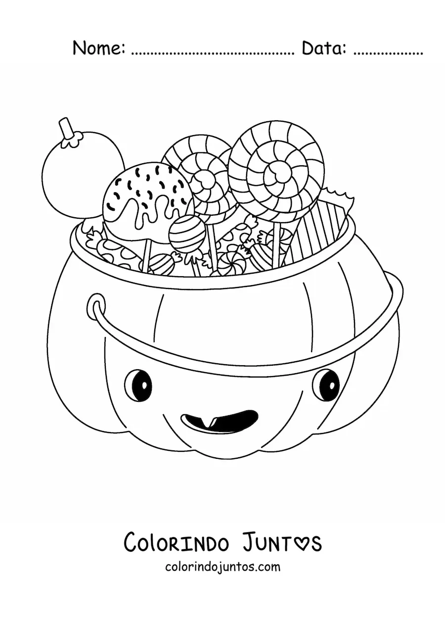 Desenho para colorir de abóbora animada com doces