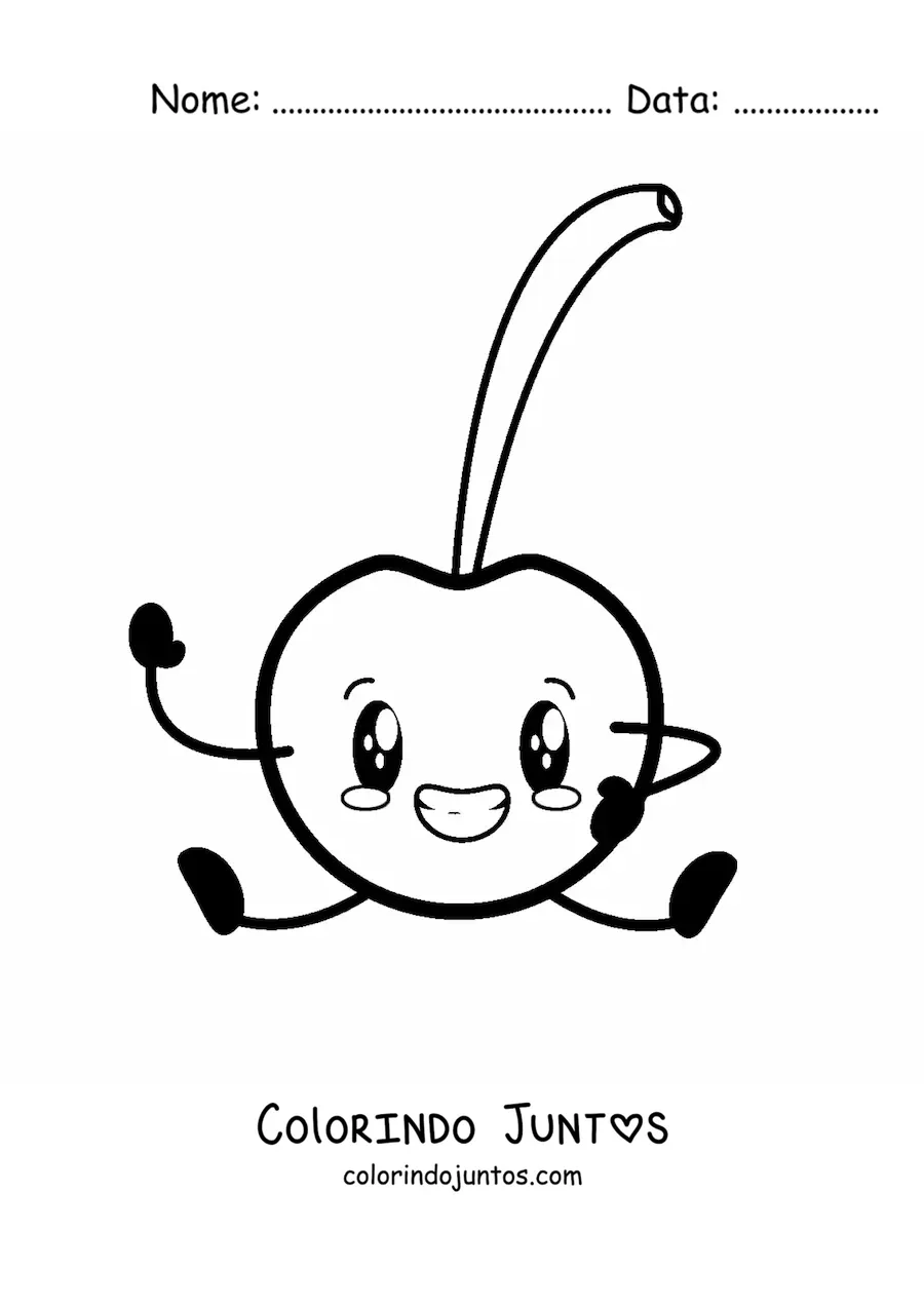 Desenho para colorir de uma cereja animada sentada sorrindo