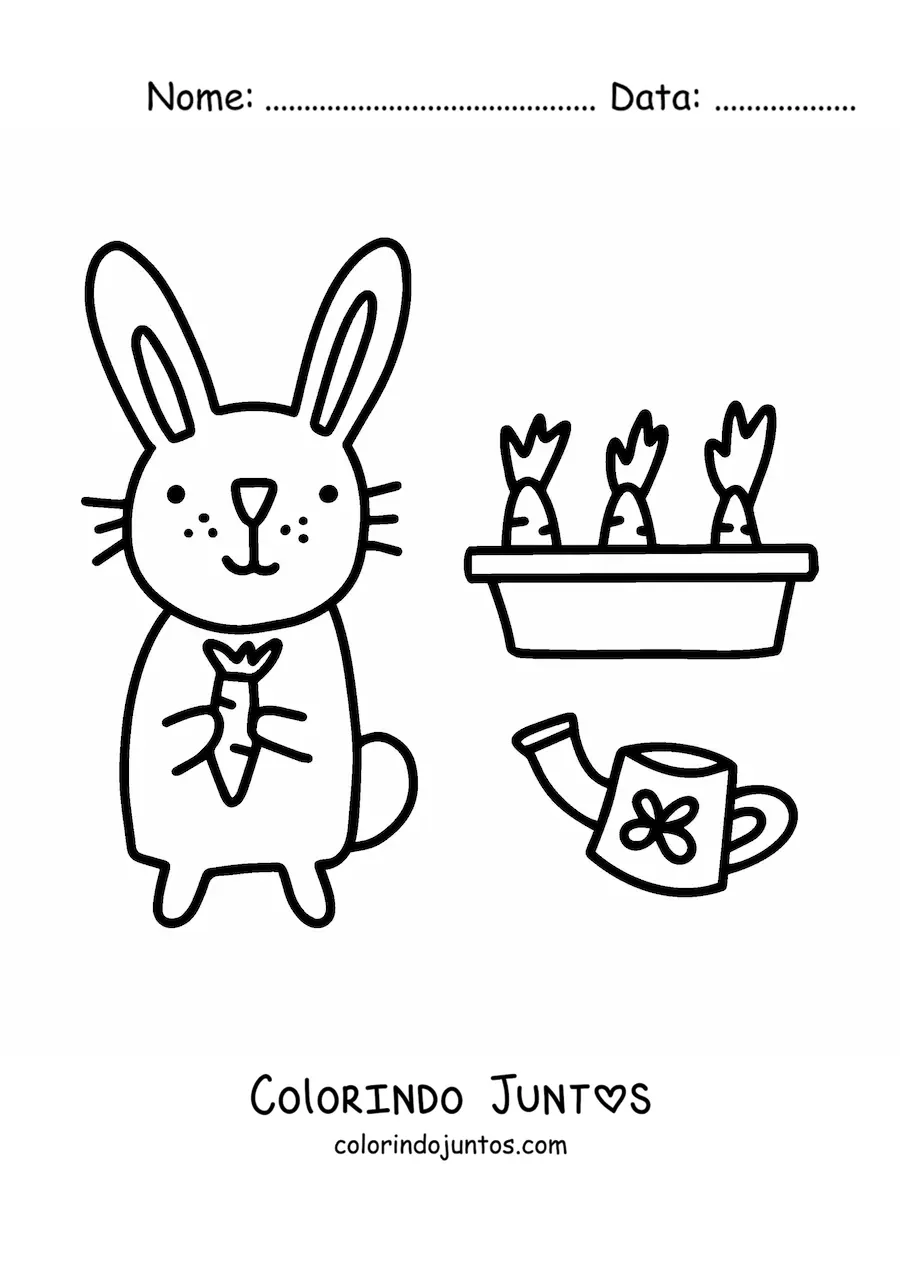 Desenho para colorir de coelho kawaii com horta de cenouras
