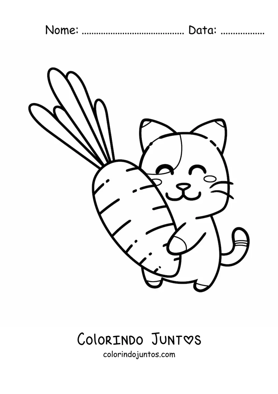 Desenho para colorir de gato kawaii fofo animado com cenoura