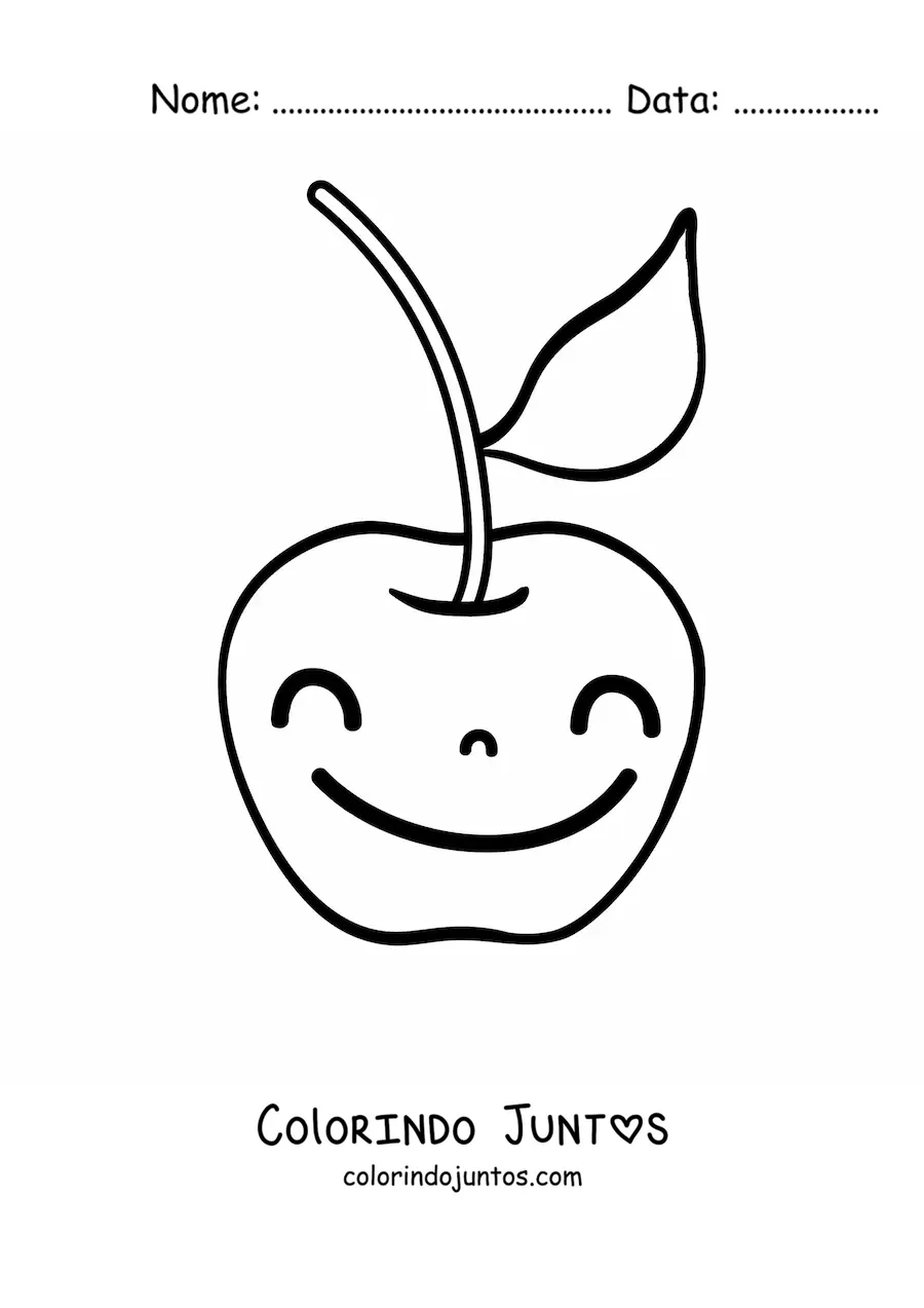 Desenho para colorir de uma cereja animada com um grande sorriso e uma folha