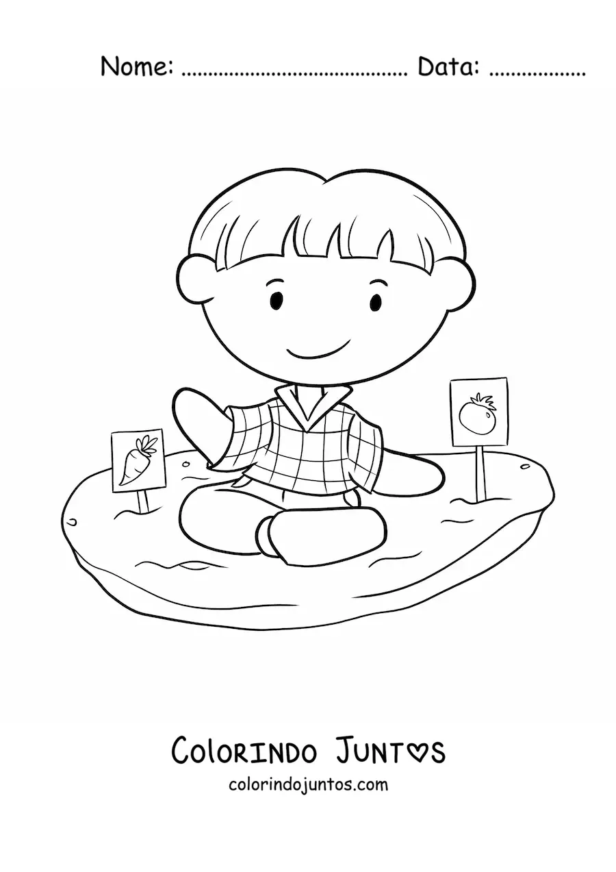 Desenho para colorir de menino plantando tomate e cenoura