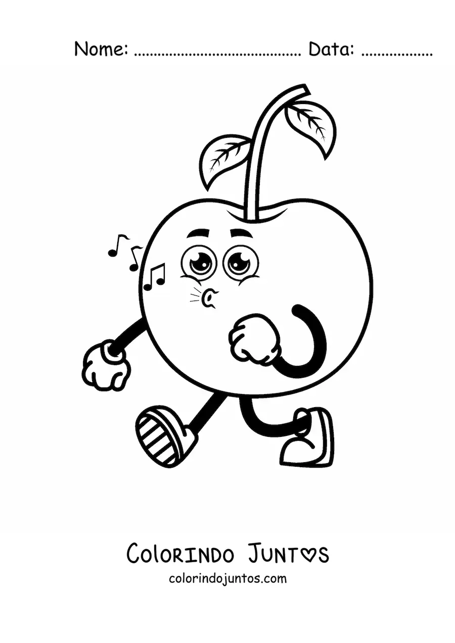 Desenho para colorir de uma cereja animada caminhando e assobiando