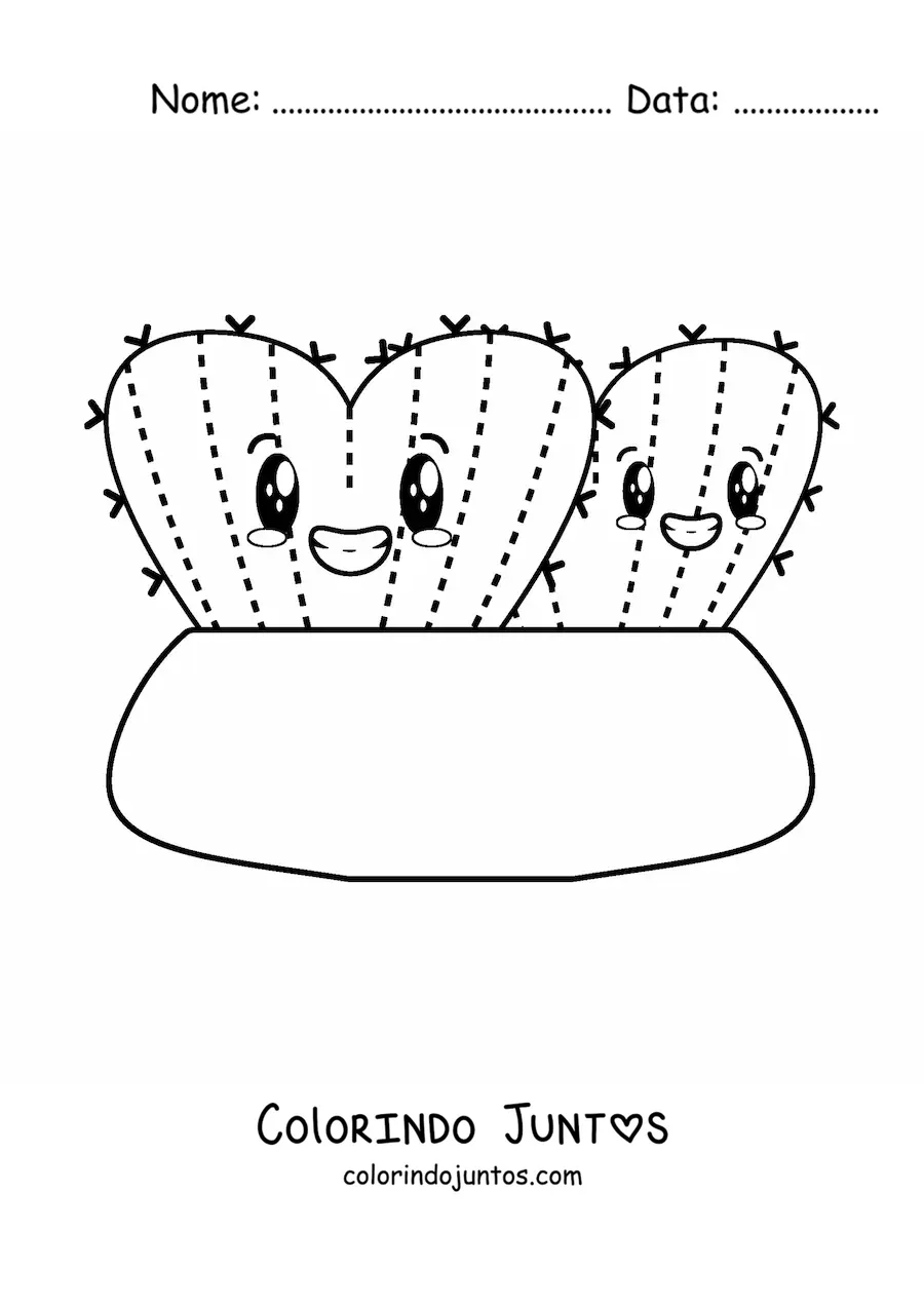 Desenho para colorir de cactos fofos em formato de coração em um vaso