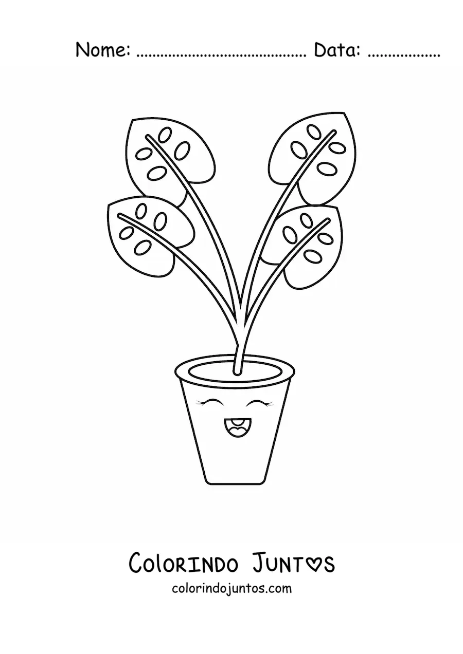 Desenho para colorir de planta com folhas grandes em um vaso kawaii fofa animada