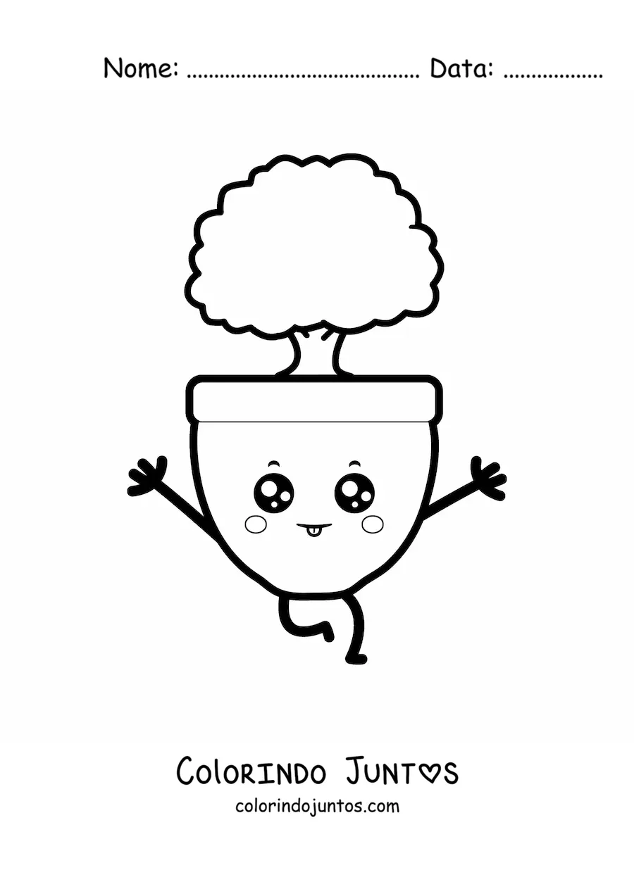 Desenho para colorir de árvore pequena kawaii em um vaso fácil