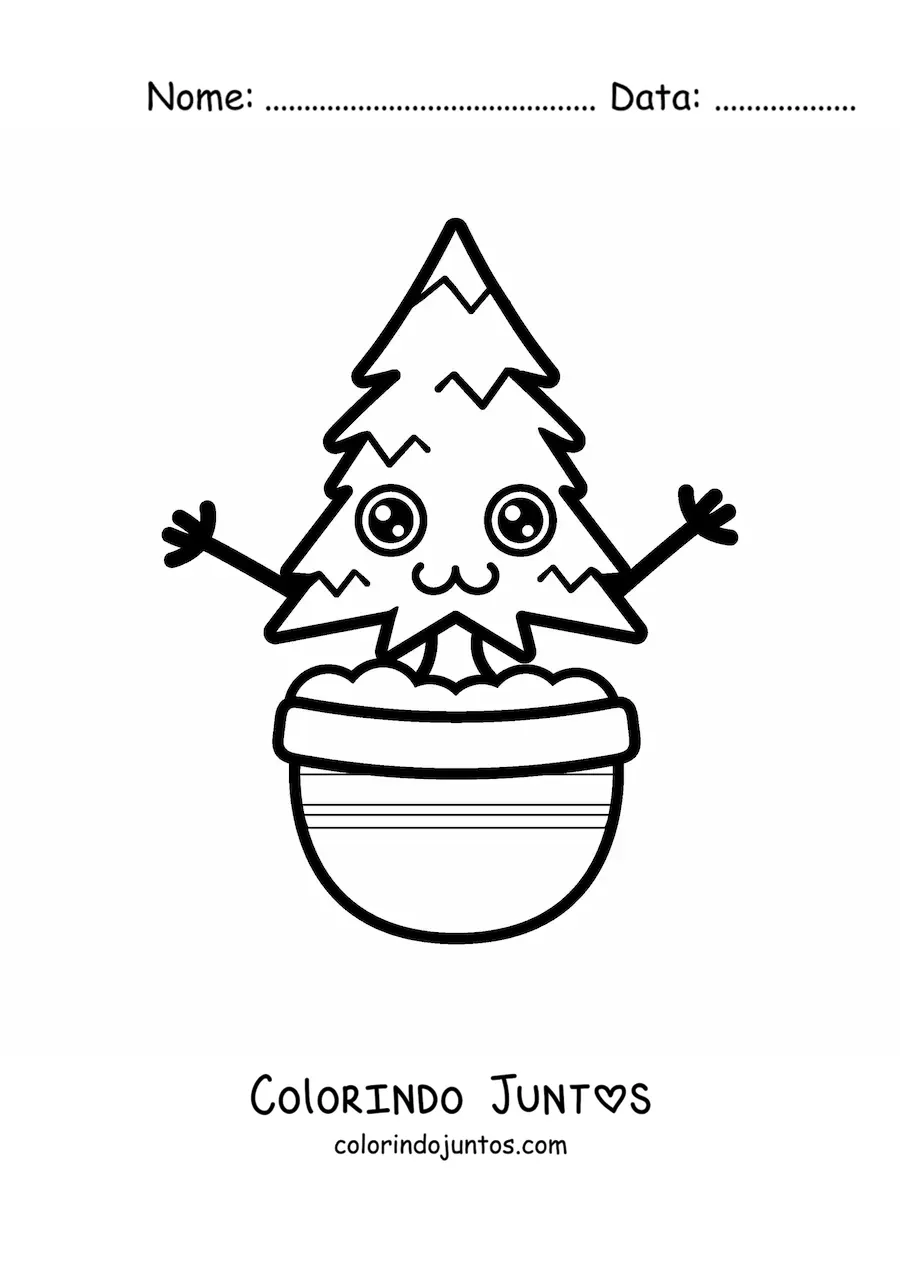Desenho para colorir de pinheiro kawaii fofo animado em um vaso fácil