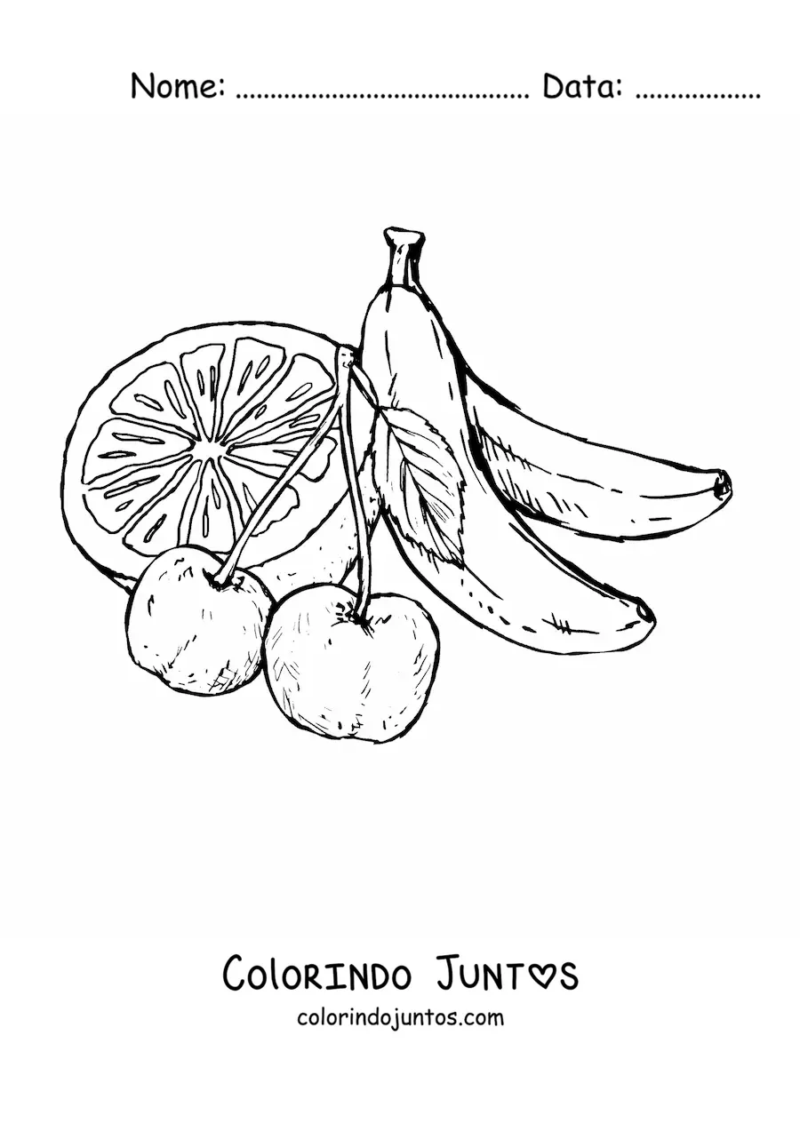 Desenho para colorir de duas cerejas com uma laranja e bananas atrás