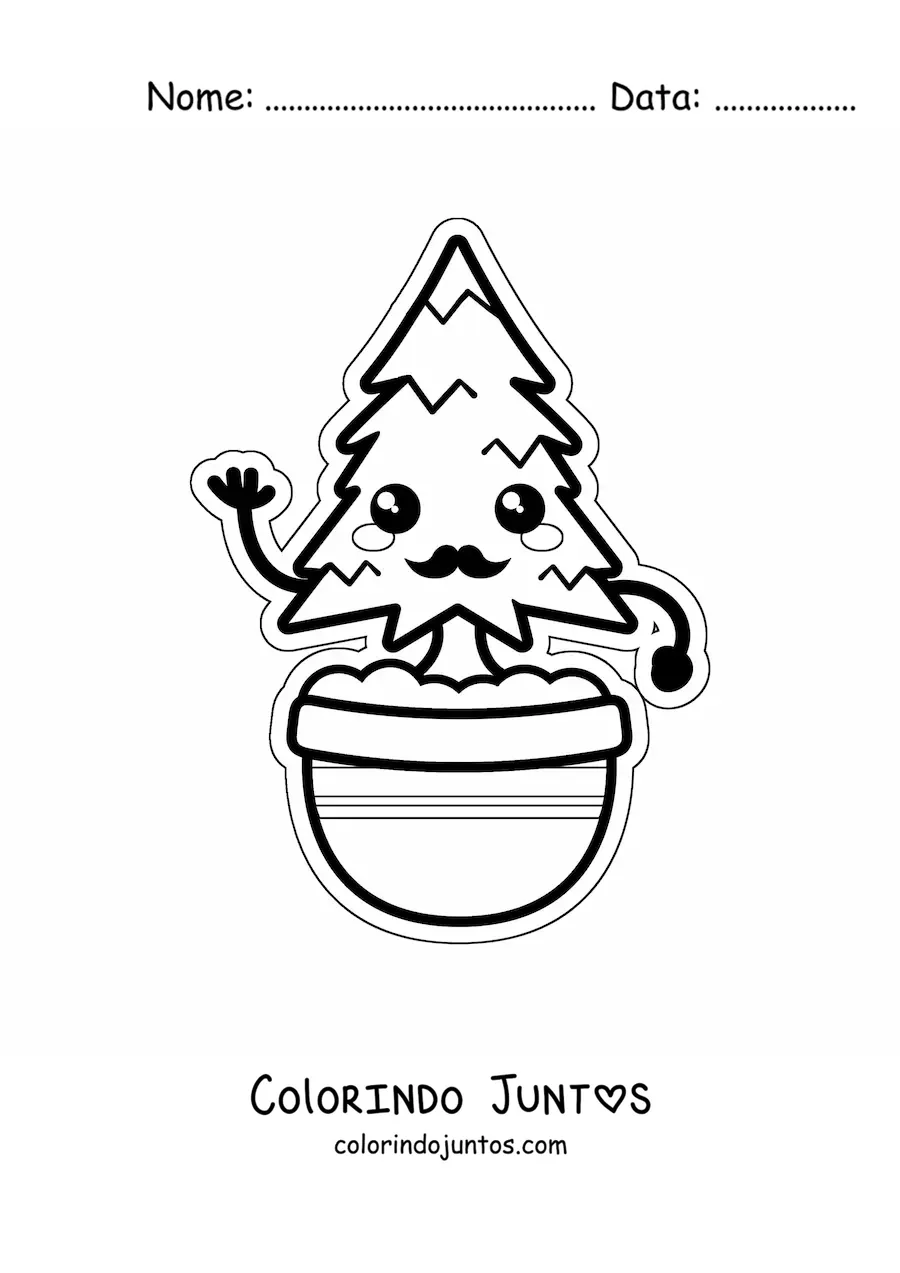 Desenho para colorir de pinheiro kawaii animado com bigode em um vaso