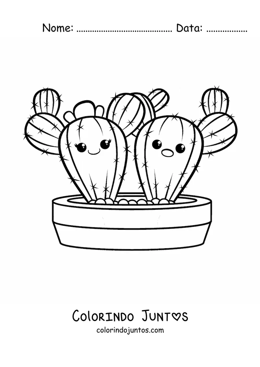 Desenho para colorir de casal de cactos kawaii