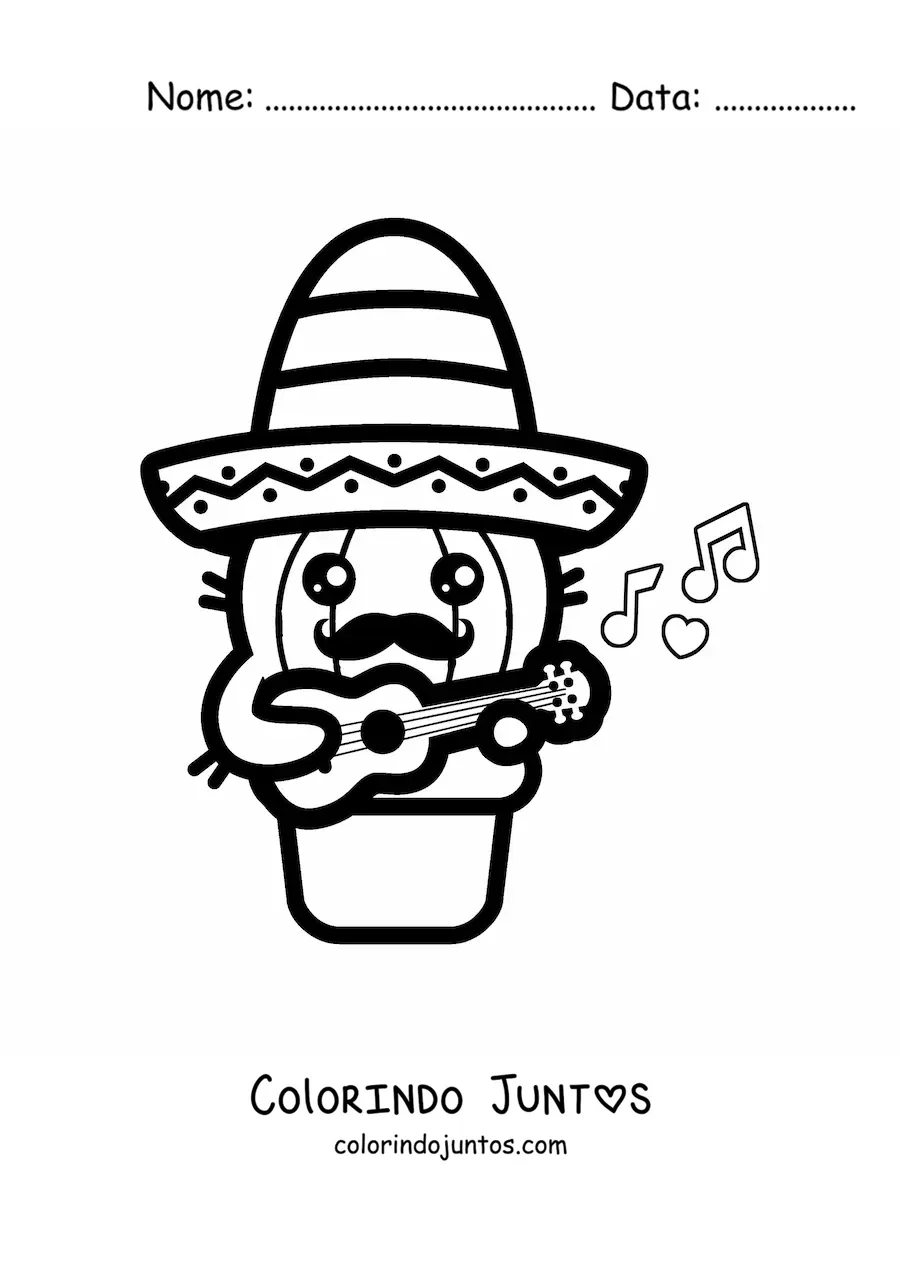 Desenho para colorir de cacto kawaii com chapéu mexicano