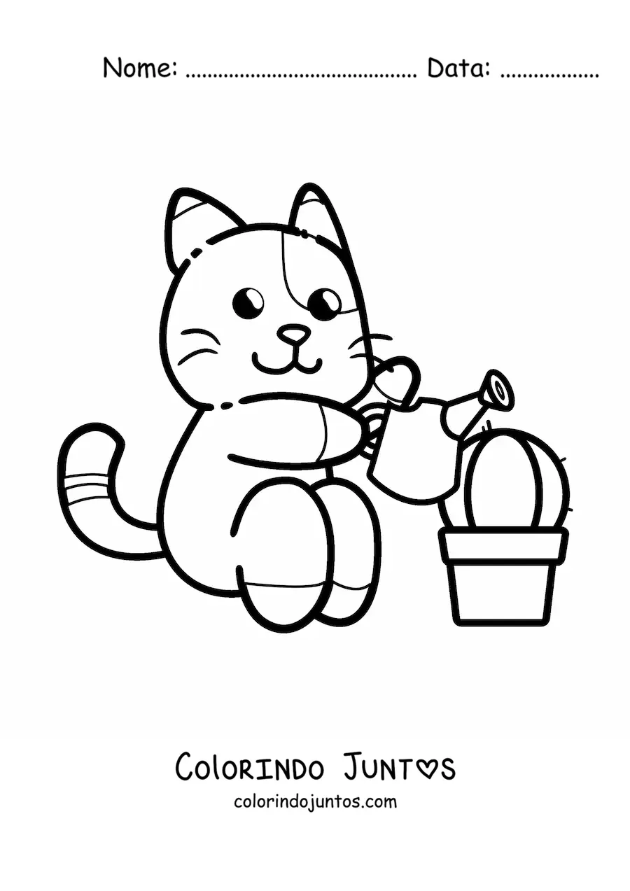 Desenho para colorir de gato animado regando um cacto