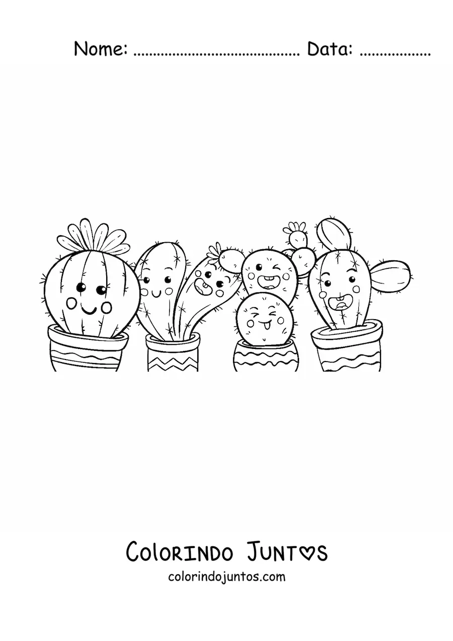 Desenho para colorir de cactos kawaii animados