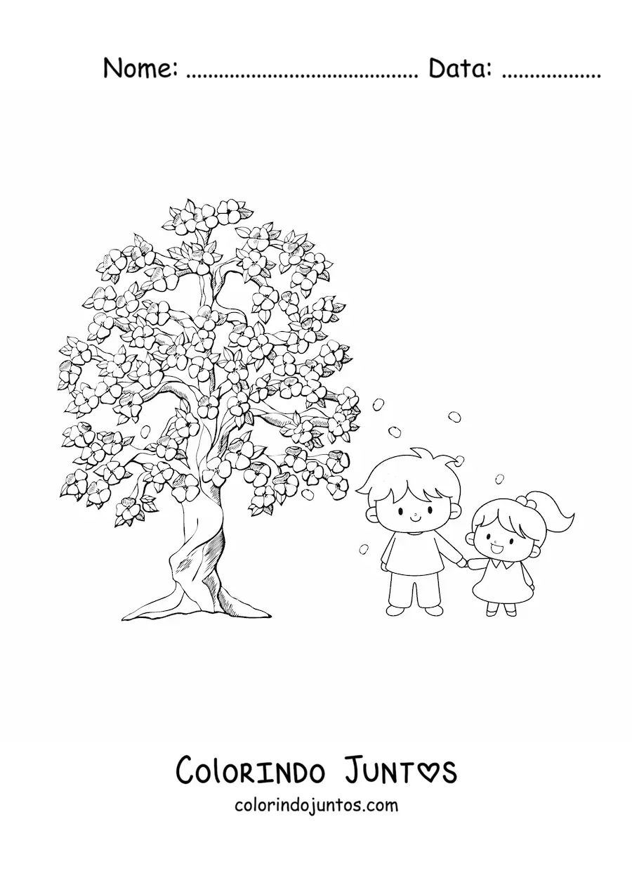 Desenho para colorir de crianças e cerejeira em flor