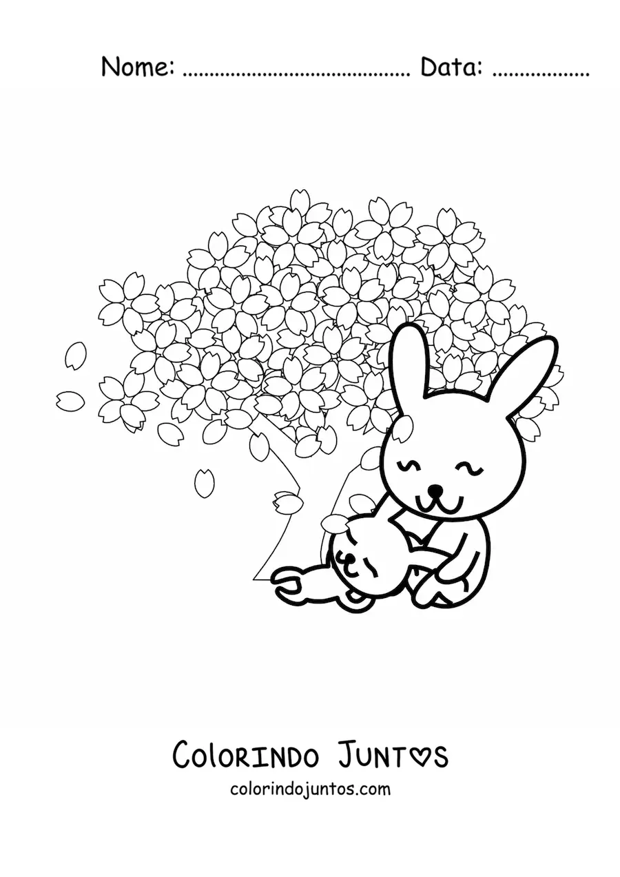 Desenho para colorir de coelhos animados ao lado de cerejeira em flor