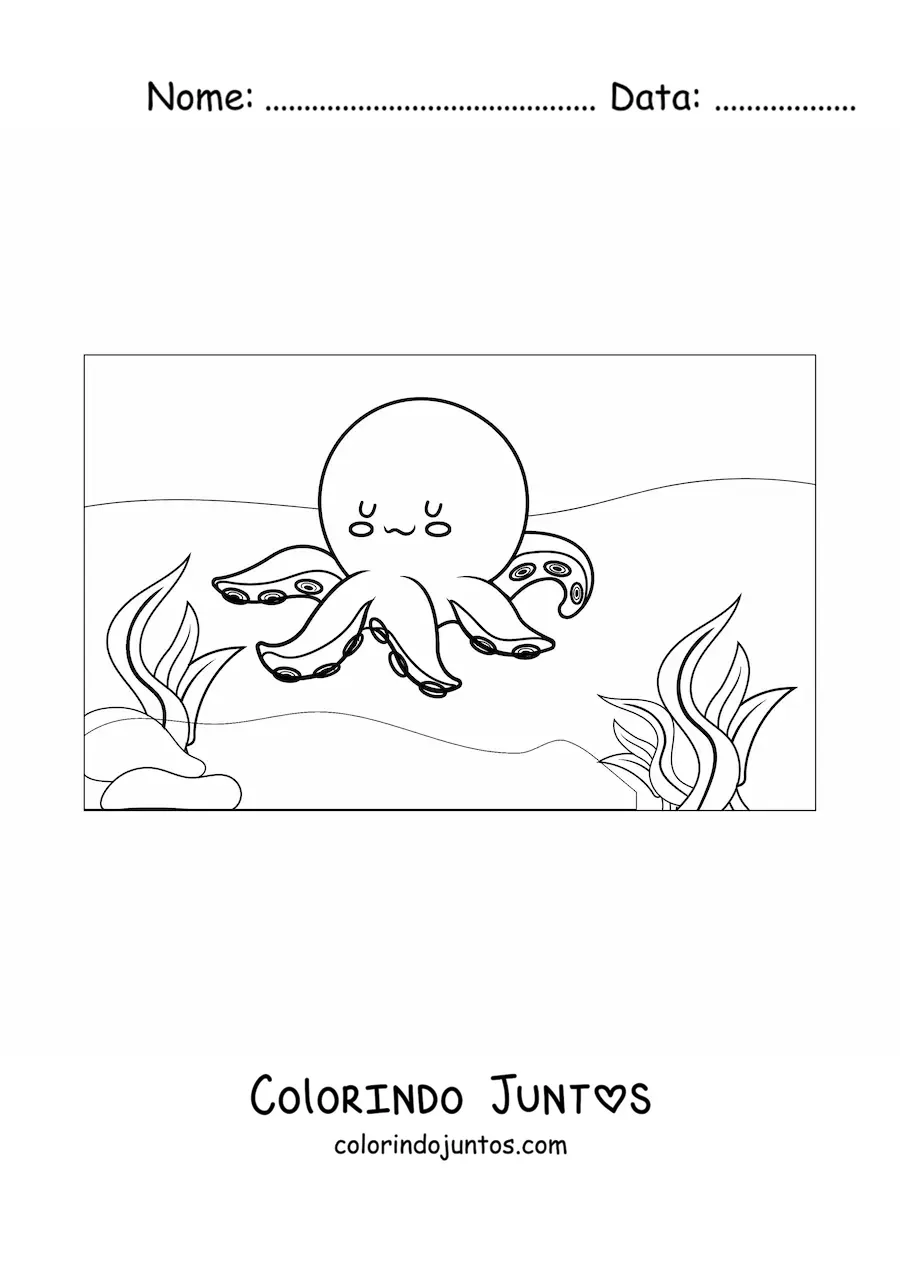 Desenho para colorir de polvo kawaii com algas no mar