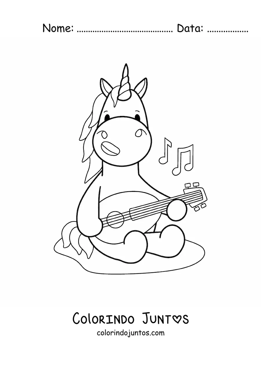 Desenho para colorir de unicórnio kawaii tocando um alaúde