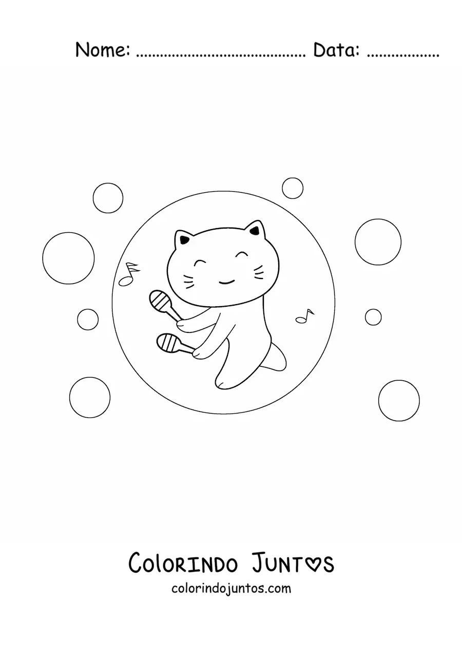 Desenho para colorir de gato kawaii animado tocando maracas