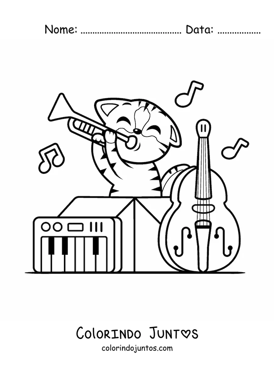 Desenho para colorir de gato kawaii animado tocando instrumentos musicais