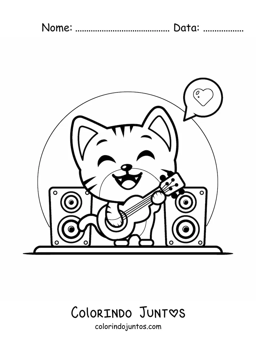 Desenho para colorir de gato kawaii tocando violão em um show