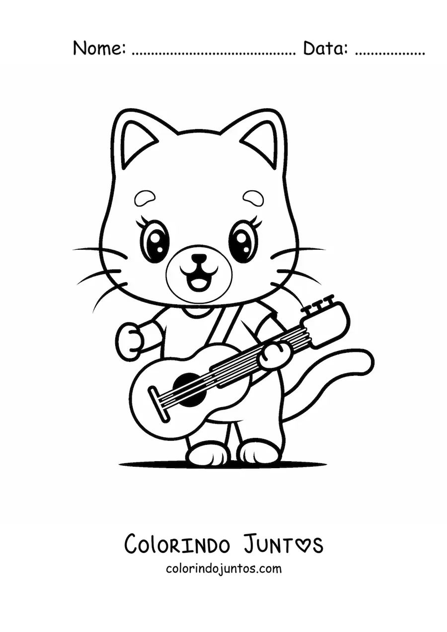 Desenho para colorir de gato animado kawaii tocando violão