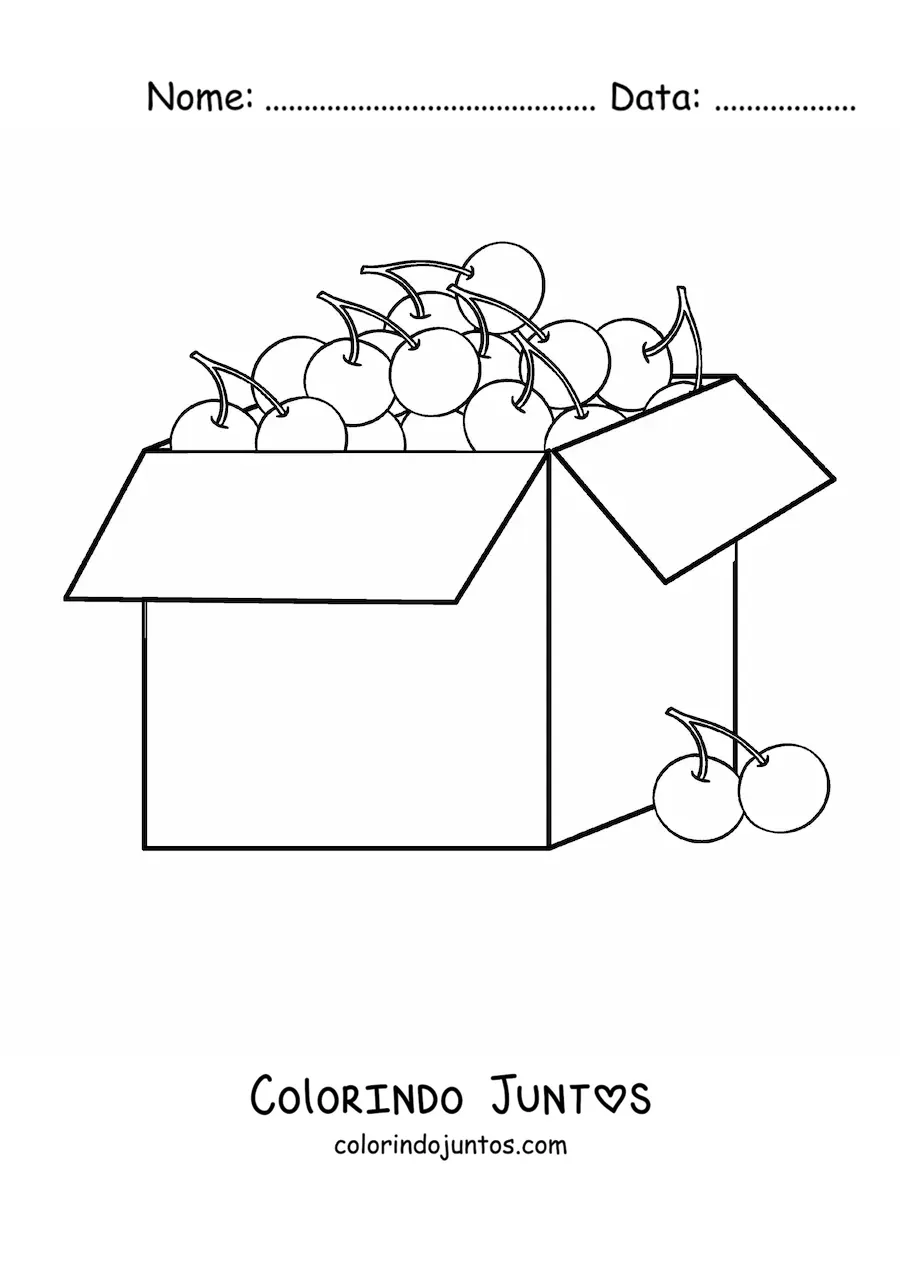 Desenho para colorir de uma caixa cheia de cerejas e duas cerejas do lado de fora