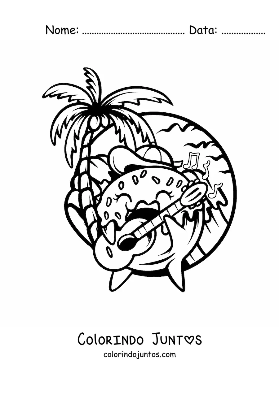 Desenho para colorir de rosquinha animada tocando violão na praia