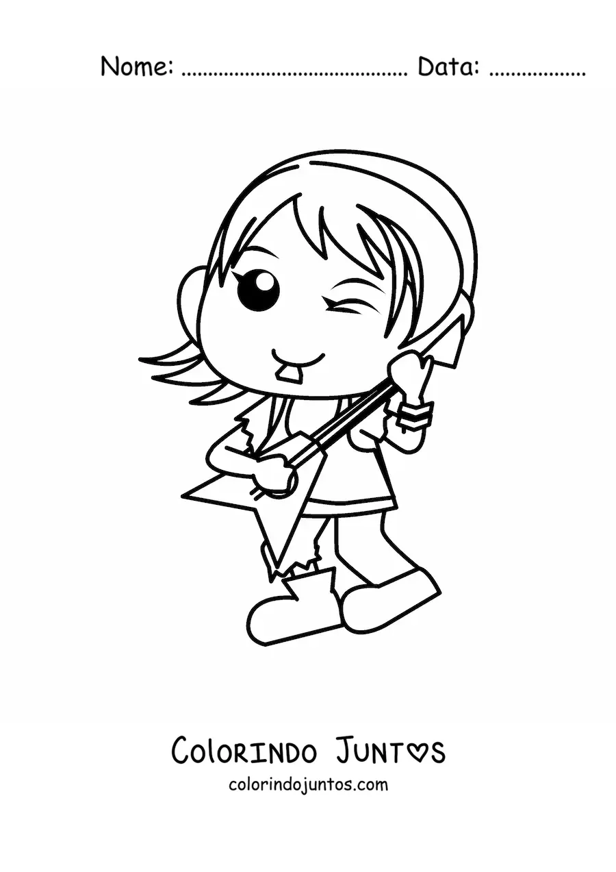 Desenho para colorir de garota roqueira com guitarra elétrica
