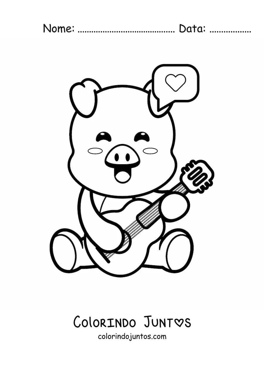 Desenho para colorir de porco animado kawaii tocando violão