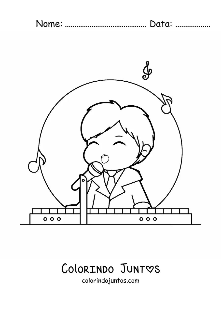 Desenho para colorir de menino kawaii tocando piano