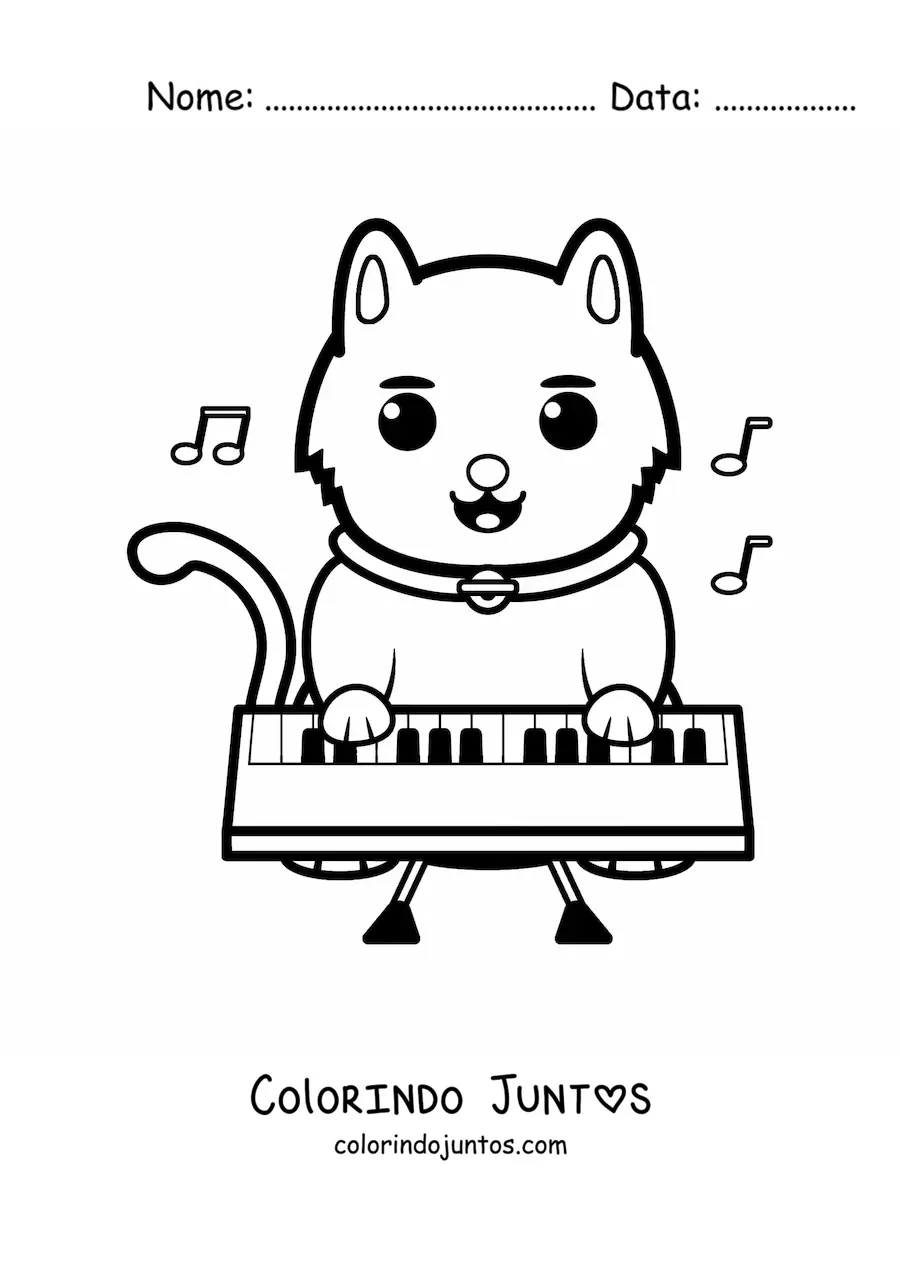 Desenho para colorir de gato animado tocando piano