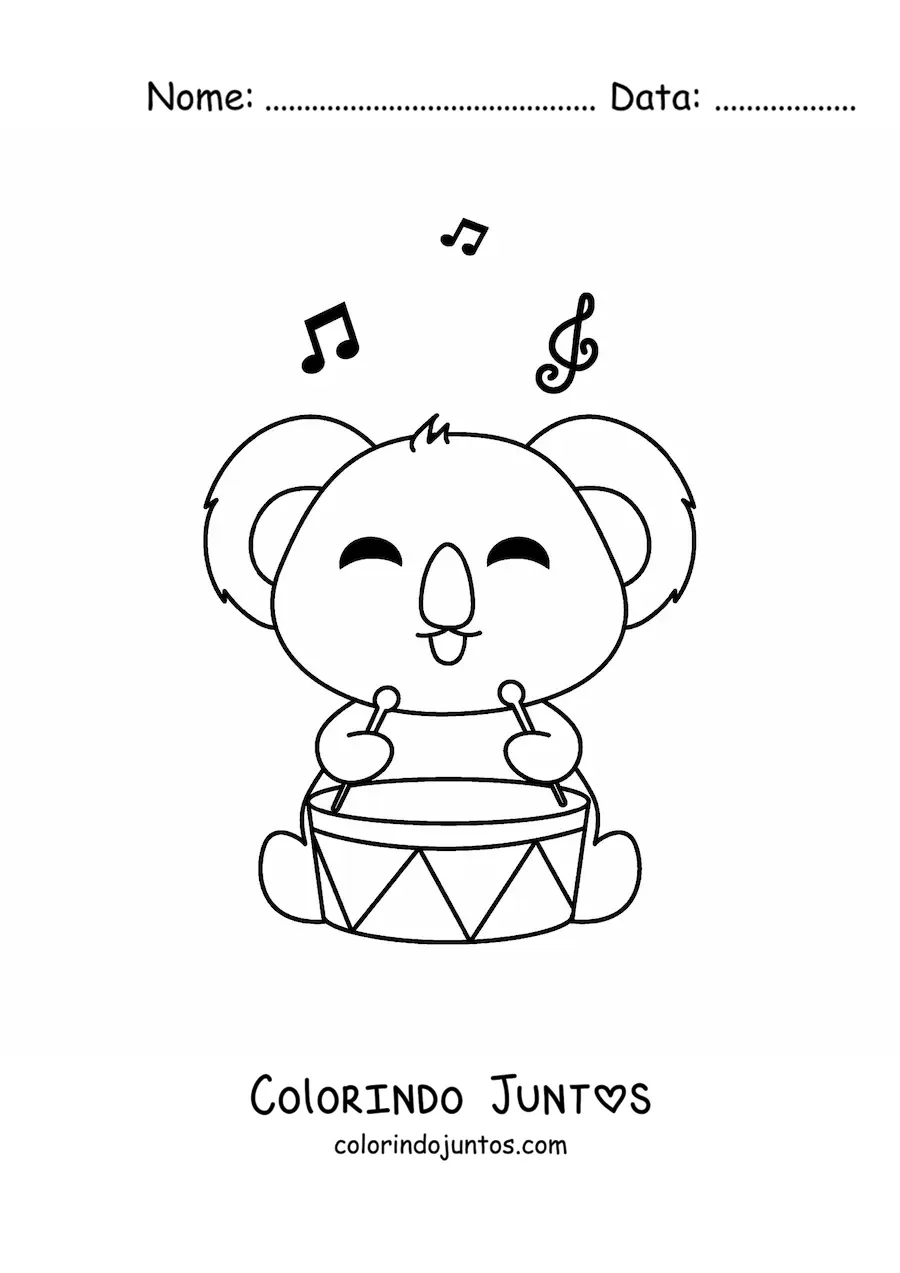 Desenho para colorir de coala kawaii tocando tambor
