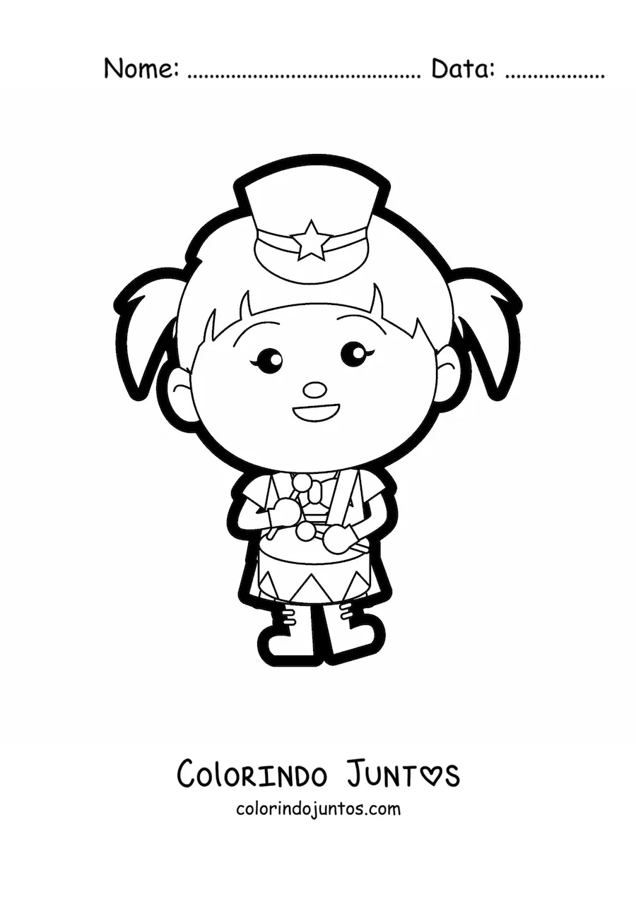 Desenho para colorir de menina tocando tambor em banda marcial