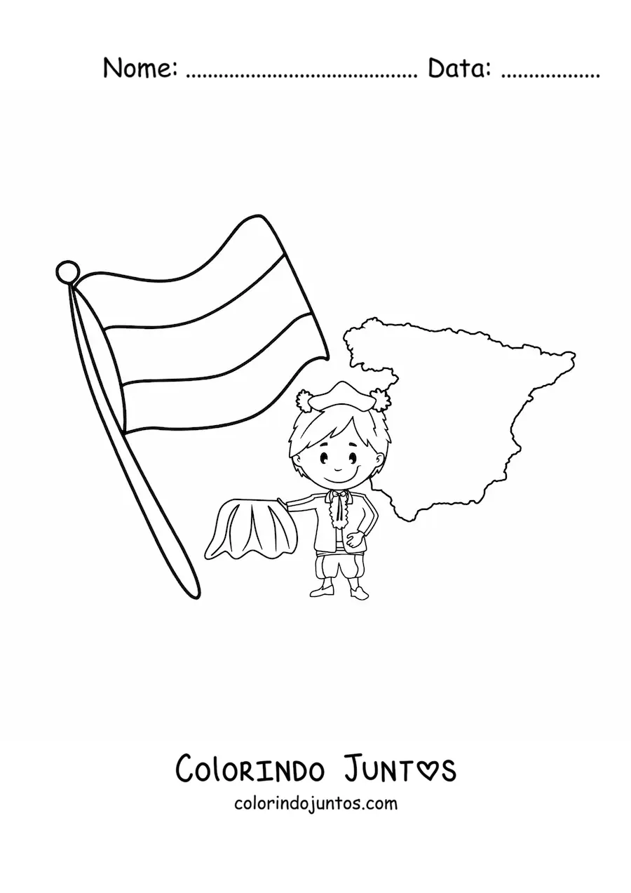 Desenho para colorir de bandeira da Espanha sem brasão com toureiro kawaii e mapa