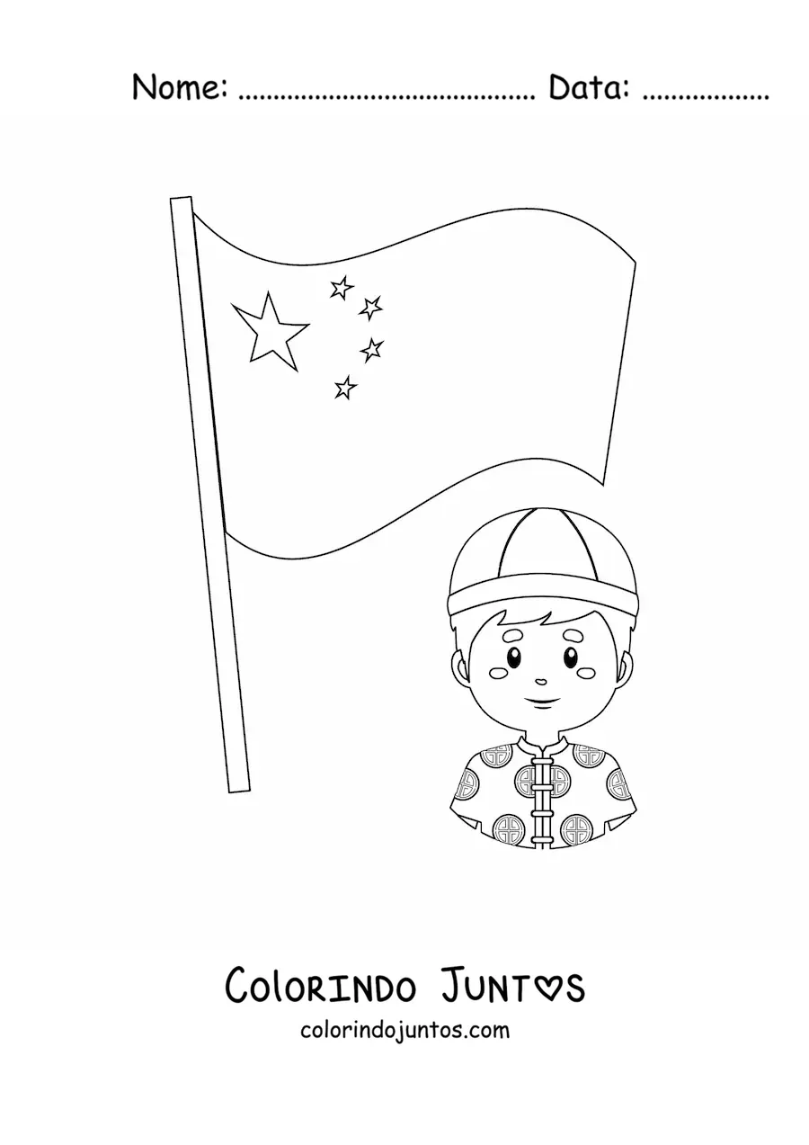 Desenho para colorir de bandeira da China com homem chinês kawaii