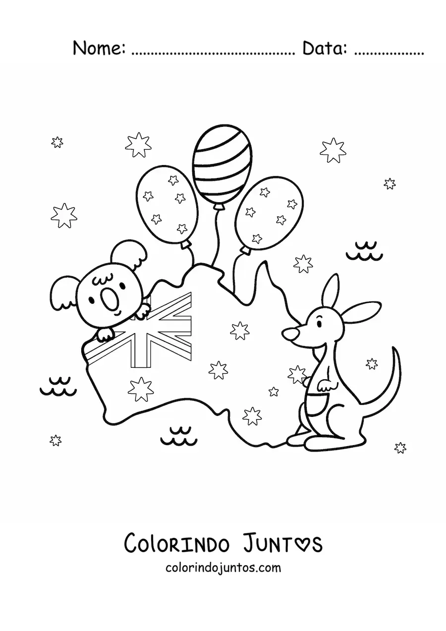 Desenho para colorir de bandeira da Austrália no mapa com canguru e coala kawaii