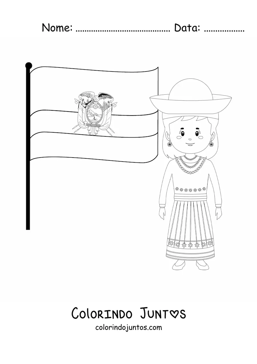 Desenho para colorir de mulher com a bandeira do Equador