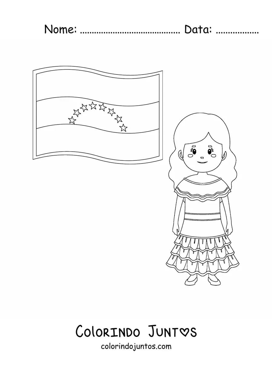 Desenho para colorir de garota com a bandeira da Venezuela