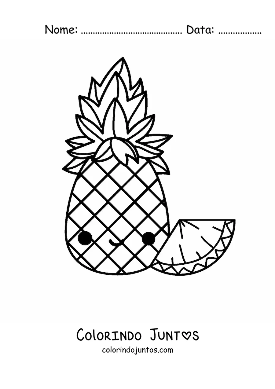 Desenho para colorir de um abacaxi kawaii e um pedaço de abacaxi