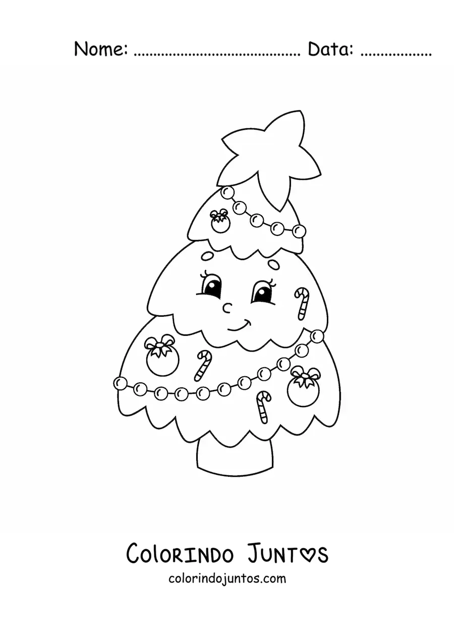 Desenho para colorir de árvore de Natal kawaii animada com bengalas doces