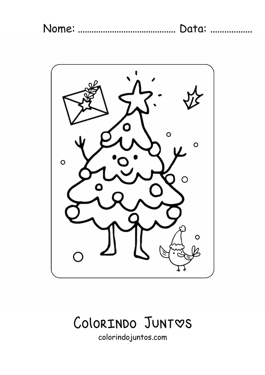 Desenho para colorir de árvore de Natal kawaii animada com estrela